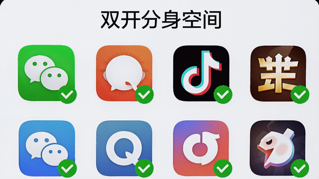 ����չʾһ���ֻ�Ӧ��ǽ������������΢�š�QQ��������������ҫ������Ӧ��ͼ�꣬ÿ��ͼ���Ա߶���һ����ɫ�ĶԹ���ǣ�����д�š�˫�������ռ䡱��������������ǳɫ���������룬��������죬���ʸɾ��޶���Ԫ��