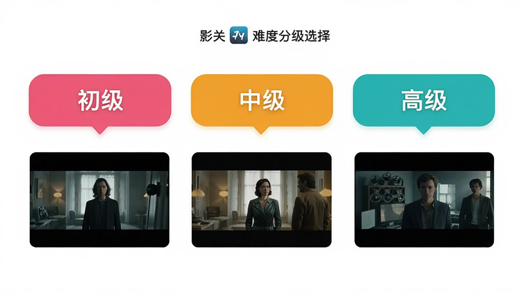 Ӱ��Ӣ��App���Ѷȷּ�ѡ����棬������չʾ������ͬ��ɫ���Ѷȱ�ǩ���ֱ��ע�������м����߼���ÿ����ǩ�Ա��ж�Ӧ�ĵ�ӰƬ��ʾ�������岼������������ִ���ƽ�����ʸɾ����޶���Ԫ��