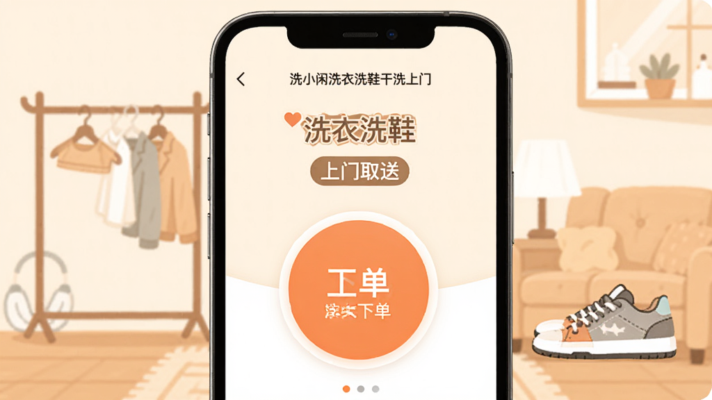 手机屏幕展示“洗小闲洗衣洗鞋干洗上门”APP主界面,界面中央是一个醒目的圆形下单按钮,上方显示“洗衣洗鞋”和“上门取送”标签,背景是温馨的居家环境,有衣架和运动鞋的简笔画元素,整体布局简洁明了,风格现代扁平化,画质干净清晰,无多余装饰元素
