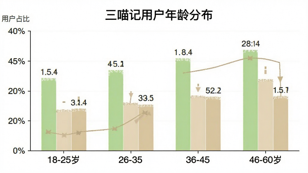 一张展示“三喵记”用户年龄分布的柱状图图片,横轴为18-25岁、26-35岁、36-45岁、46-60岁四个年龄段,纵轴为用户占比,柱体颜色为浅绿色和米色搭配,图表标题为“三喵记用户年龄分布”,数据标签清晰,背景干净,风格简洁,画质清晰,无多余元素。