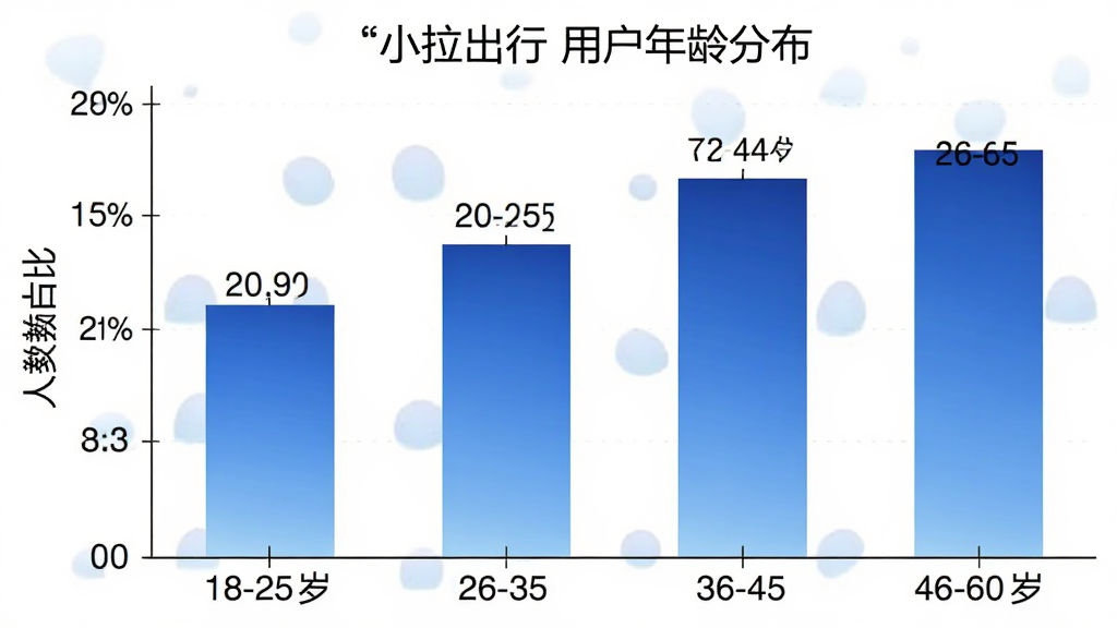 小拉出行用户年龄分布柱状图,横轴为18-25岁、26-35岁、36-45岁、46-60岁,纵轴为人数占比,柱状颜色为蓝色渐变,标注清晰,画质干净