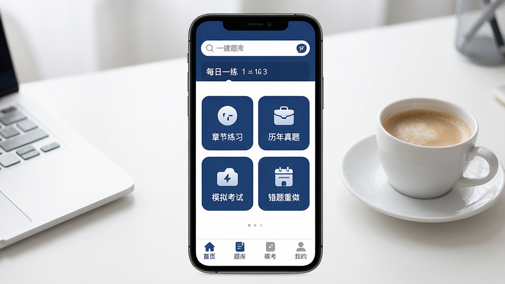 һ�������App������ȫòչʾ���ֻ���Ļ���У������Ǹɾ���������һ�����ȣ���Ļ����ʾһ���������ҳ���������������ÿ��һ����ڣ��в����½���ϰ���������⡢ģ�⿼�ԡ����������ĸ���ťͼ�꣬�ײ�������Ϊ��ҳ����⡢ģ�����ҵģ�������ɫΪ���ȵ�����ɫ���ɫ����ƽ����ƣ�ͼ��Բ�󣬻���������ϸ�ڸɾ����޶���Ԫ��