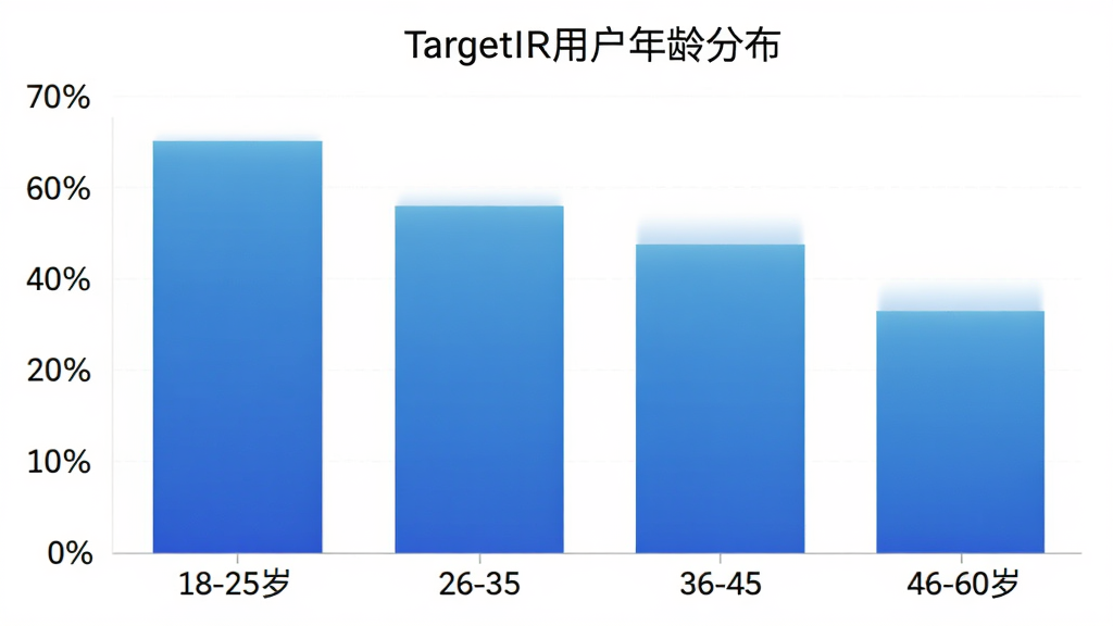 TargetIR�û�����ֲ���״ͼ������Ϊ�����18-25�ꡢ26-35�ꡢ36-45�ꡢ46-60�꣬����Ϊ�û�ռ�Ȱٷֱȣ���״��ɫΪ��ɫ���䣬ͼ������