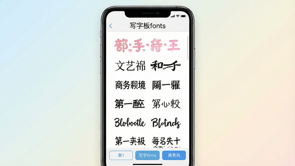 һ��չʾд�ְ�fonts���������ͼƬ�������������ֻ���Ļ����Ļ����ʾд�ְ�fonts�������棬���涥�����������ơ�д�ְ�fonts�����м��Ƕ�����д����Ԥ���б���ÿ��������ͬ���пɰ��硢���շ硢�����ȣ��ײ���Ӧ�ð�ť��������ǳɫ���䣬������¼�Լ��ϸ�����������ʸɾ����޶���Ԫ��