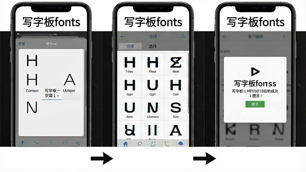 һ��չʾд�ְ�fonts���������ͼƬ���������ֻ���Ļ������չʾ����һ���ǰ�װ���棬�ڶ���������ѡ����棬��������Ӧ�óɹ������ʾ���棬��Ļ�Ϸ��С�д�ְ�fonts���������·��в�����ͷ�����������ֱ�ۣ������������޶���Ԫ��
