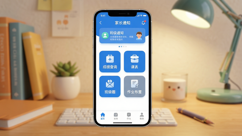 ��һ����App������ȫòչʾ�������������ֻ���Ļ����Ļ����ʾ��ɫ�Ͱ�ɫΪ��ɫ���ļҳ�����ҳ�������а༶֪ͨ������м��ǹ���ͼ���������ɼ���ѯ���α����༶Ȧ����ҵ���ã��ײ���������������������ܰ�ļ�ͥ��������������ִ���ƽ��ϸ��Բ�󣬻��ʸɾ��޶���Ԫ��