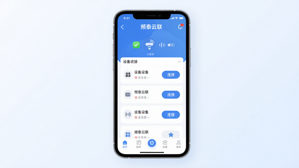 Ƶ̩��������������ȫòչʾ�������������ֻ���Ļ����Ļ����ʾ��Ƶ̩������App��ҳ���������豸����״̬ͼ�꣬�м����豸�б������Ӱ�ť���ײ�Ϊ���ܵ����������岼��������������ɫ����ƽ����Ʒ��ϸ��Բ�󣬻��ʸɾ��޶���Ԫ�أ�����Ϊǳɫ���䣬������ͣ��ʺ�Ӧ���̵�չʾ