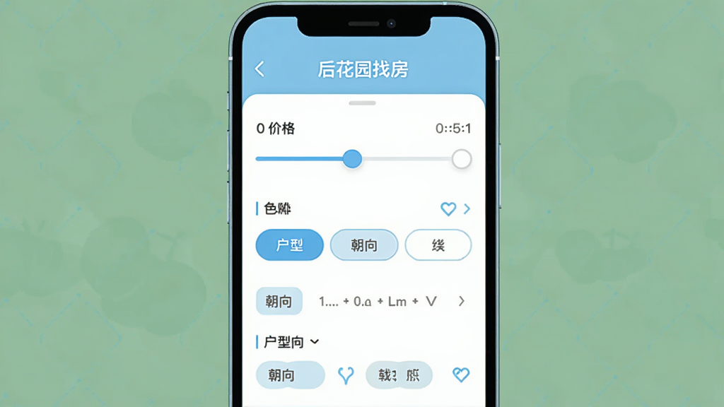 ��԰�ҷ�APPɸѡ���棬�ֻ���Ļ��ʾ���ɸѡ����ѡ������۸񻬿顢����ѡ��ť�������ǩ�ȣ����沼����������ǳ��ɫ�Ͱ�ɫΪ��ɫ����������