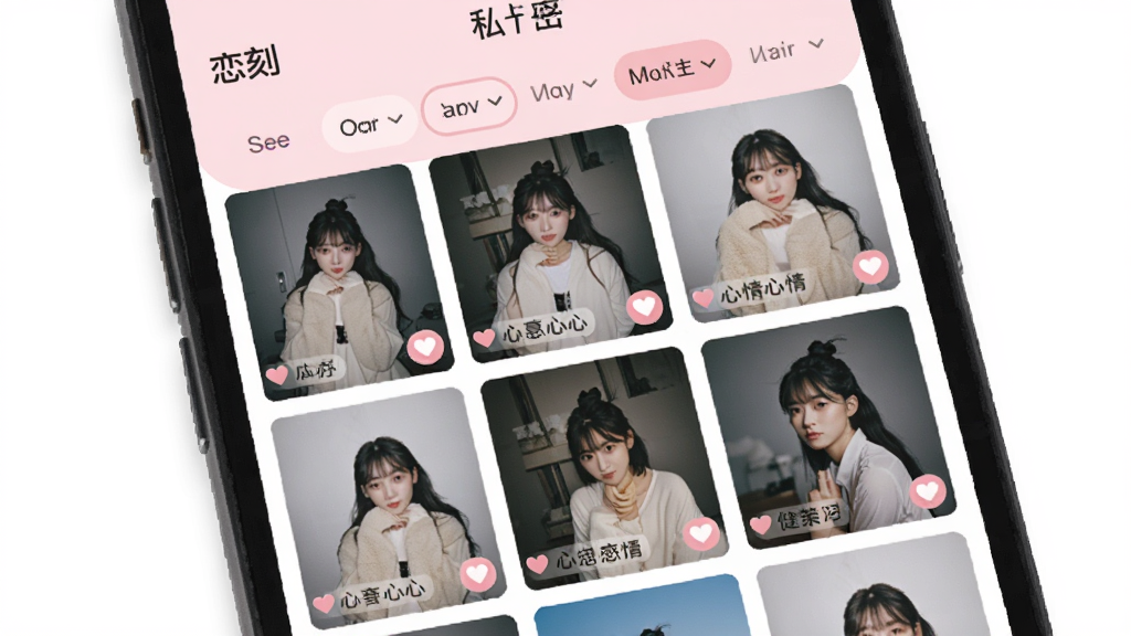 һ���ֻ���Ļ��д����ʾ�����̡�App��˽�����ҳ�棬��Ƭ��������ʽ���У�ÿ����Ƭ���½���С����ͼ��������ǩ���֣��������·�ɸѡ����������ǳ��ɫ�����������£��������룬���ʸɾ��޶���Ԫ��
