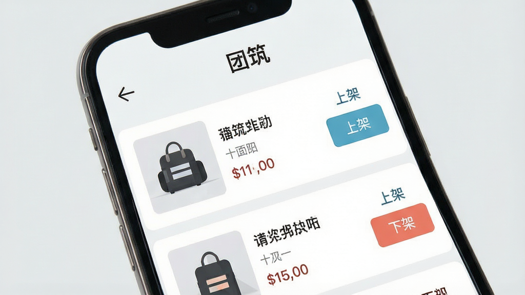 ����App��Ʒ����������д���ֻ���Ļչʾ��Ʒ�б���ÿ����Ʒ����ͼƬ�����ƺͼ۸��Ա��С��ϼܡ��͡��¼ܡ��İ�ť��������Ƽ�࣬����Ϊǳ��ɫ�����ֱ�ǩ����������ִ���ƽ�����ʸɾ��޶���Ԫ�أ���Ļ�Ϸ���ʾ������������