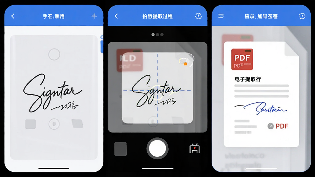 ����ǩ��Ӧ�ù���չʾͼ�������Ϊ�����������չʾ��дǩ���壬�м�չʾ������ȡǩ�����̣��Ҳ�չʾPDF�ļ���ǩ���棬���岼����������ɫ�Ͱ�ɫΪ��ɫ��������ִ���ƽ��ϸ��Բ�󣬻��ʸɾ����޶���Ԫ��