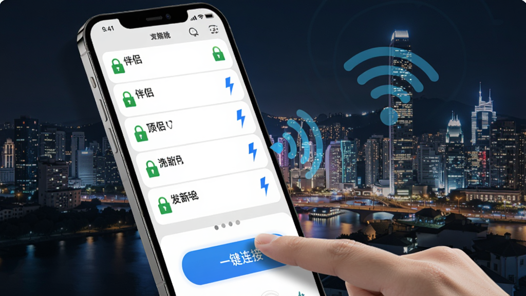 wifi����ȫ��Կ�� ����չʾͼ���ֻ���Ļ��ʾ��ΧWiFi�б���ÿ��WiFi�����Ա�����ɫС������ɫ����ͼ�꣬��ָ���ڵ����һ�����ӡ���ť�������Ƿ����ĳ���ҹ��������ִ��Ƽ��У�����ϸ��