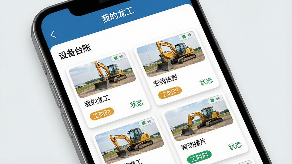 һ��չʾ���ҵ�������APP�豸�����б������ͼƬ���������ֻ���Ļ��д����Ļ�������Ŷ�̨���̻�е������ͼ��״̬��ǩ�����ֲ��ÿ�Ƭʽ��ƣ�ÿ�ſ�Ƭ�����豸ͼƬ�����ơ���ʱ��״̬���Ű����룬����ƽ������ϸ���Ͽ�Ƭ����΢��Ӱ��Բ�ǣ�������������������Ϊ�ɾ���ǳ��ɫ����Ļ��������ʾ���ҵ��������͡��豸̨�ˡ���