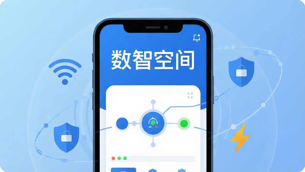 һ��չʾ���ǿռ�App����ȫò�Ĳ廭�������������ֻ���Ļ����Ļ����ʾ���ǿռ�App�������棬�����С����ǿռ䡱�ĸ����֣�������������ɫΪ�����м������Ӱ�ť��״ָ̬ʾ�ƣ���Χ������WiFi�ź�ͼ�ꡢ���ư�ȫͼ�ꡢ�������ͼ�꣬��������͵ĿƼ������䣬����Լ�ִ���ƽ����ϸ�ڸɾ��޶���Ԫ�أ����ʸ���
