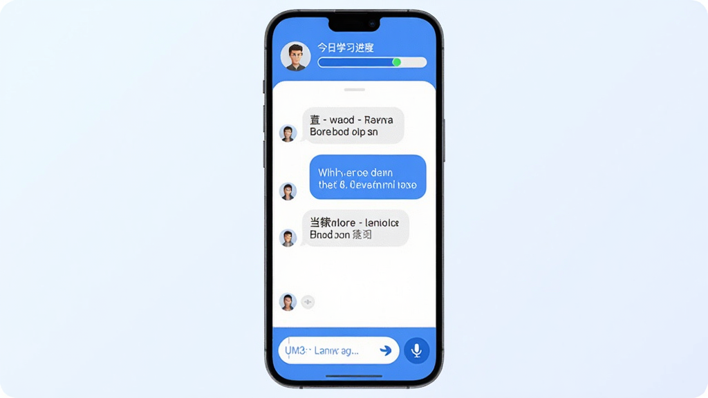 UM3: Chat & Learn Languages 软件主界面,手机屏幕居中展示,界面以蓝白配色为主,顶部显示用户头像和今日学习进度条,中间是聊天气泡对话框里面包含英文和中文对照,底部是输入框和语音按钮,背景是简洁的浅色渐变,图标圆润,文字清晰,整体风格现代扁平化,画质干净无多余元素