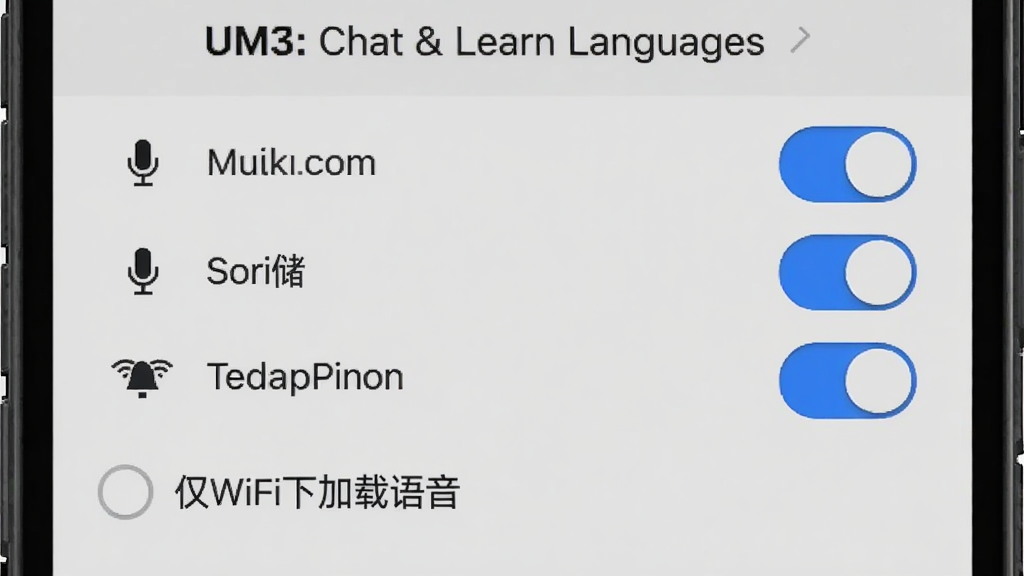UM3: Chat & Learn Languages 安装设置界面,手机屏幕中显示权限管理页面,包含麦克风权限、存储权限、通知权限的开关按钮,下方有“仅WiFi下加载语音”的选项,界面设计简洁,开关按钮有蓝色高亮,文字说明清晰,背景为浅灰色,整体风格干净利落,画质清晰无多余元素