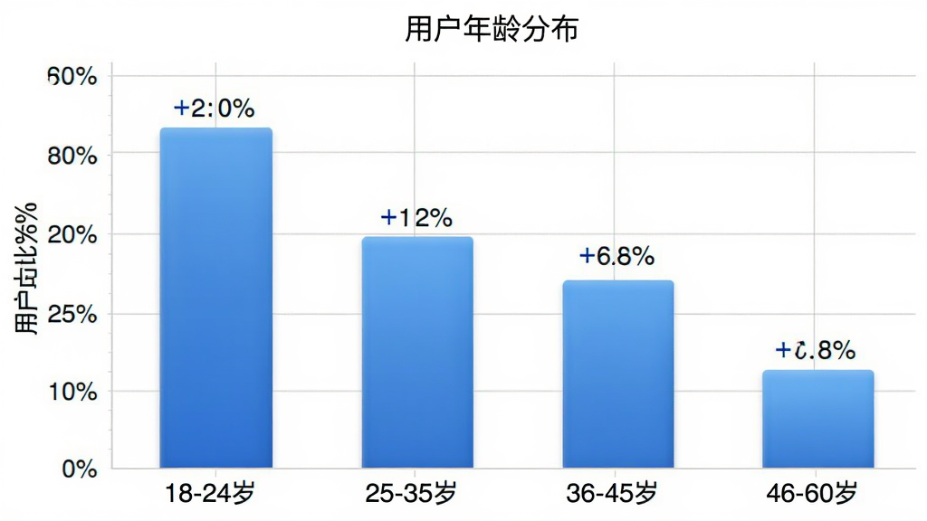 UM3: Chat & Learn Languages 用户年龄分布柱状图,横轴为年龄段“18-24岁”“25-35岁”“36-45岁”“46-60岁”,纵轴为用户占比百分比,柱状图颜色为蓝色渐变,每个柱子上方标注具体百分比数字,图表标题为“用户年龄分布”,背景为白色,网格线浅灰色,整体风格简洁数据可视化,画质干净无多余元素