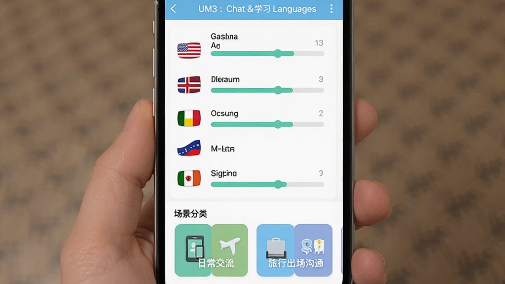 UM3: Chat & Learn Languages 多语言切换界面,手机屏幕中显示语言选择列表,每个语言旁边有对应的国旗图标和掌握程度进度条,下方是场景分类卡片,卡片上有“日常交流”“旅行出行”“职场沟通”等文字标签,界面排版整齐,配色清新,图标扁平化,画质干净无多余元素