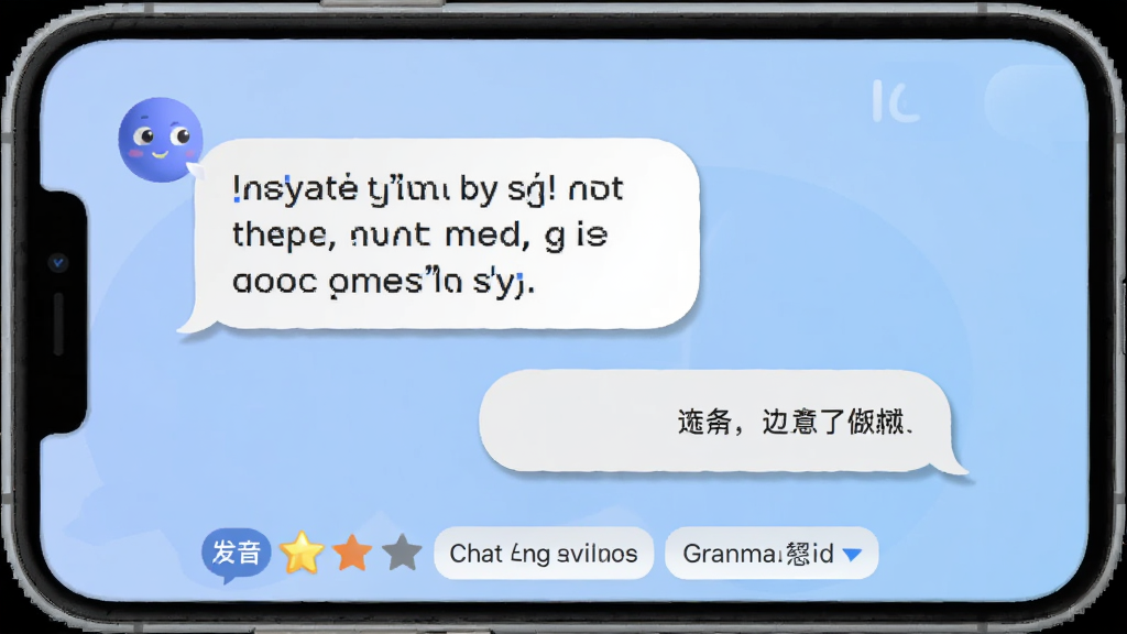 UM3: Chat & Learn Languages 对话练习场景,手机屏幕中显示两个聊天气泡,左边是AI语伴的英文提问,右边是用户的中文回复,下方有发音评分和语法纠错的小标签,界面背景是柔和的蓝色渐变,聊天气泡圆润有阴影,文字清晰可读,整体风格轻松活泼,画质干净无多余元素