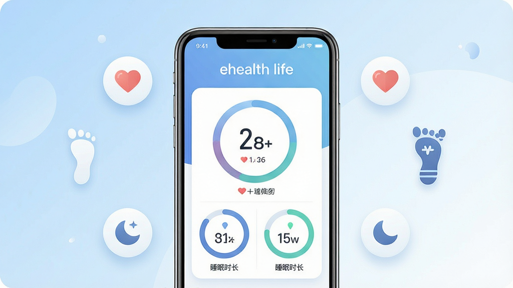 һ��չʾehealth life�ֻ�Ӧ���������ͼƬ������������һ�������ֻ�����Ļ��ʾ���������Ǳ��̣��������ʡ�������˯��ʱ����Բ��ͼ������������͵����׽��䣬�ֻ���ΧƯ���ż�Լ�Ľ���ͼ�������Ρ���ӡ�����������岼�־��жԳƣ�����ִ���ƽ����ϸ��Բ�����������ʸɾ��������޶���Ԫ��