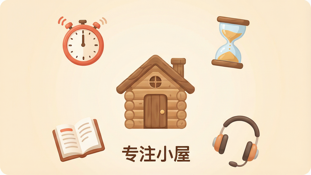 һ�ż�����µ��ֻ�Ӧ�ý���չʾͼ������������һ��ľ��С�����͵�ͼ�꣬��Χ�����ŷ����ӡ�ɳ©���鱾�Ͷ����ȴ���רע��ѧϰ��Ԫ�ء���������͵�ůɫ�������ñ�ƽ���廭��񣬲��־��жԳƣ�ϸ��Բ��ɰ������ʸɾ������������д��С�רעС�ݡ����֣��޶���Ԫ�ء�