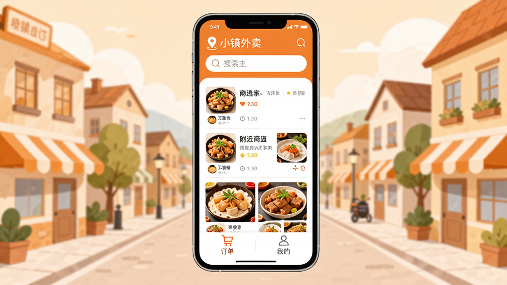 С������App������չʾ���ֻ���Ļ������ʾ�����̼��б�����ʳͼƬ�������ж�λ��ʶ�������򣬵ײ�Ϊ�������ҵĵȹ��ܰ�ť����������ܰ��С��־��廭������ִ���ƽ����ɫ���Գ�ɫ�Ͱ�ɫΪ�������������ɾ����޶���Ԫ�أ�ͼ������Ϊ��С��������