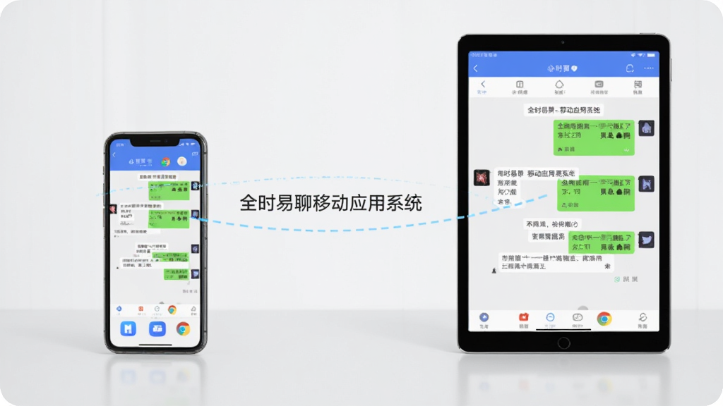 һ���ֻ���һ̨ƽ�岢�ŷ��������ϣ�������Ļ����ȫʱ�����ƶ�Ӧ��ϵͳ��������棬��Ļ֮����һ������ɫ�������ӱ�ʾͬ���������б�ע
