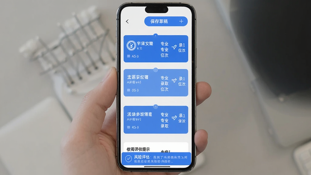 AI��־Ը־Ը���������棬�ֻ���Ļ��չʾ����ק�����ԺУ��Ƭ�б���ÿ�ſ�Ƭ��ʾѧУ���ơ�רҵ��¼ȡλ�Σ������б���ݸ尴ť���ײ��з���������ʾ����ǳ��ɫ��������ɫ�������������࣬��ƽ����ƣ���������