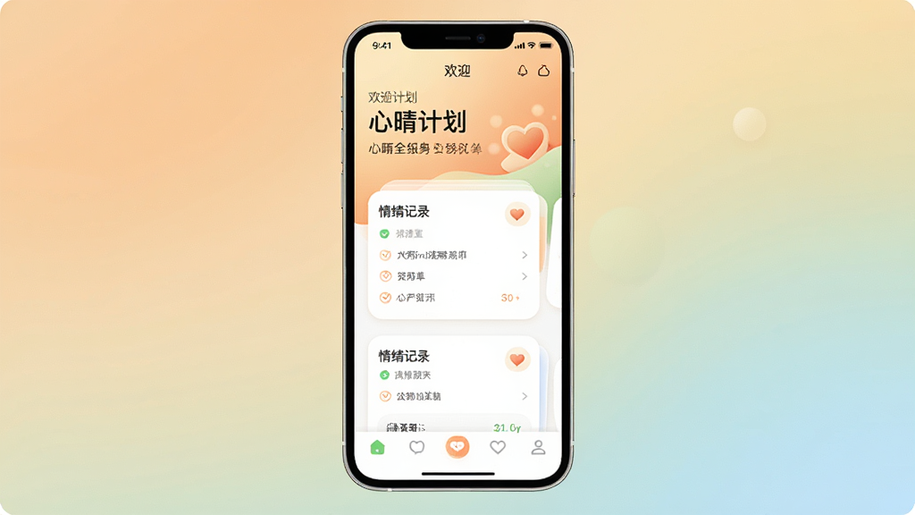 һ��չʾ������ƻ���App����ȫò�������ֻ������ͼ������Ϊ�ֻ���Ļ����ʾ������ƻ�������ҳ�����ְ���������ӭ��м�������¼��Ƭ�͵ײ����������Ű������׳��㣬�����ܰ������ϸ���ϲ���Բ��ͼ�����ͽ��䱳�������������ɾ����޶���Ԫ��