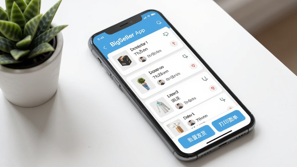 һ��չʾBigSeller App��������������ֻ�����ͼ���ֻ���Ļ����ʾ�Ŵ����������б���ÿ��������Ƭ������Ʒ����ͼ�������ź������Ϣ����Ļ�ײ������������ʹ�ӡ�浥��ť�������԰�ɫ��ǳ��ɫΪ���������ˬ���ֻ�������һ����ɫ�����ϣ��Ա���һ��С���ԣ����������������������޶���Ԫ��