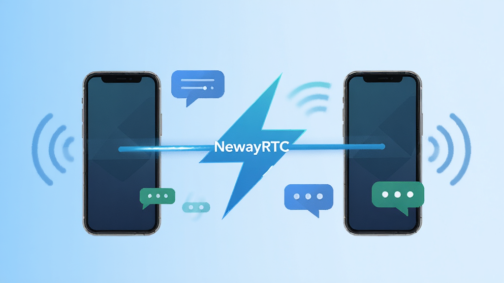 һ��չʾNewayRTCʵʱͨѶ���ܵ�ʾ��ͼ�������������ֻ�֮����һ��������״�������ߣ������С�NewayRTC�����֣���Χ����Ϣ���ݺ��źŲ��ƣ�����Ϊǳ��ɫ���䣬���Ƽ���ʮ�㣬���ʸɾ����޶���Ԫ��