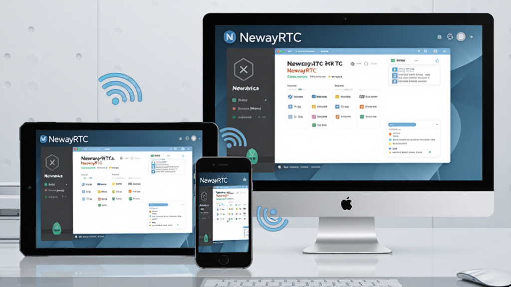 һ��չʾNewayRTC���豸�����ʾ��ͼ��������һ̨ƽ�塢һ���ֻ���һ̨����ͬʱ��ʾNewayRTC�Ľ��棬�豸֮�����������ӷ��ţ�����Ϊ���ĿƼ�������棬���ʸ��壬�޶���Ԫ��