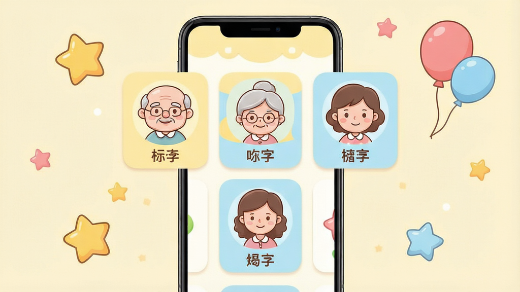 һ��չʾ����ѧ�ƺ�ʶ����App������ĳ���ͼ������������һ�������ֻ���Ļ����Ļ����ʾ�ſ�ͨ����үү�����̡��ְ֡���������ͷ��Ƭ��ÿ��ͷ���·��ж�Ӧ�ĳƺ����ֱ�ǩ������ɫ�������ů���Ե���ɫ��ǳ��ɫΪ��ɫ�������ּ����������Χɢ���ż����ɰ��Ŀ�ͨ���Ǻ�����װ��Ԫ�أ���������ܰͯȤ�����ʸɾ��������޶���Ԫ��