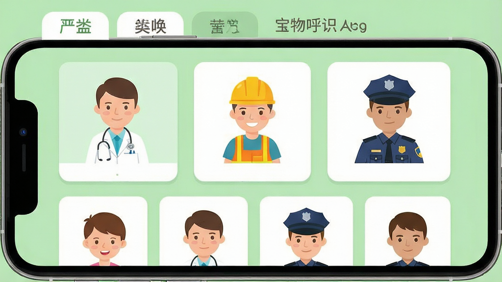 һ��չʾ����ѧ�ƺ�ʶ����App��ҳ��ͼƬ���������ֻ���Ļ����ʾ�Ų�ְͬҵ����Ŀ�ͨ��Ƭ���������Ű״�ӵ�ҽ�������Ű�ȫñ�Ľ������ˡ������Ʒ��ľ��죬��Ƭ�������룬��������͵ĵ���ɫ����Ļ�Ϸ��з����ǩ����������ͳһΪ��ƽ����ͨ�廭�磬���������ɾ���������Ԫ��