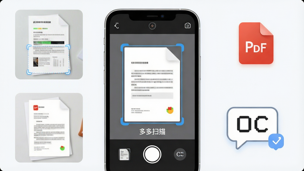 һ��չʾ���ɨ��APP����ȫò��ͼƬ�������������ֻ���Ļ����Ļ����ʾ���ɨ�������ȡ�����棬���������ĵ���Ե�Զ�ʶ����·��С����ɨ�衱���ֱ�ʶ����Χ������ɨ����ɵ��ĵ�����ͼ��PDFͼ�ꡢOCR����ʶ�����ݣ����岼�ּ������������ִ���ƽ����ϸ��Բ�󣬻��ʸɾ��޶���Ԫ��