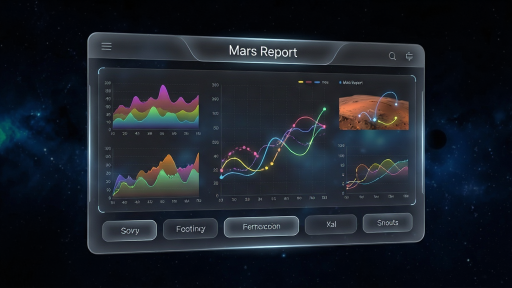 һ��չʾMars Report�������Ľ���ĸ���ͼ��������һ����������ձ����еİ�͸���Ƽ���������壬�������ʾ�Ż��ǵر����ݵĲ�ɫͼ���͹켣�ߣ����ֲ������½ṹ���Ϸ��Ǳ�����д��Mars Report���м��Ǻ������ݿ��ӻ�ͼ�����·��ǹ��ܰ�ť������Ǽ���ƻ÷磬ϸ���ϴ���΢���Ե��ĥɰ�����ʸУ����������ɾ��޶���Ԫ��