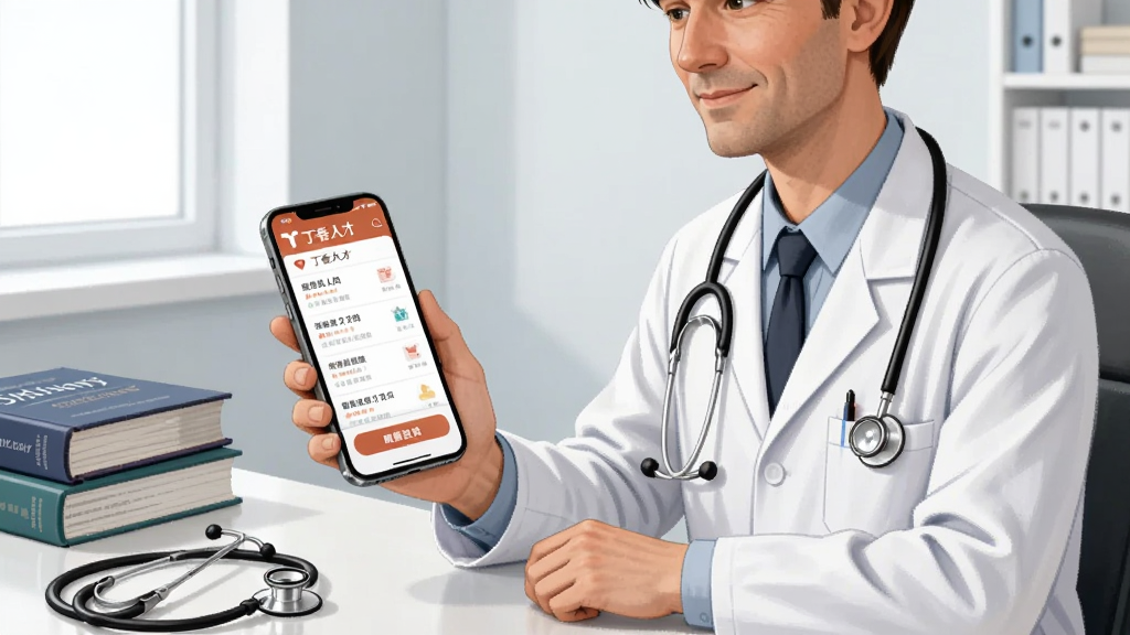 一位穿白大褂的医生坐在诊室里用手机浏览“丁香人才”App,手机屏幕显示职位列表和简历投递按钮,布局为人物半身居中、手机界面清晰可见,风格为写实插画,细节包括桌上的医学书籍和听诊器,画质明亮干净无多余元素