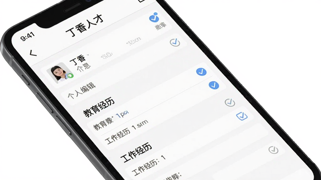手机屏幕显示“丁香人才”App的简历编辑页面,界面中有个人信息、教育经历、工作经历等填写栏目,旁边有勾选和提示图标,布局为手机界面居中放大展示,风格为扁平化UI设计风格,细节清晰文字可辨,画质干净无多余元素