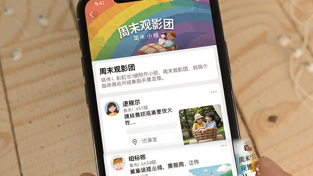 一张展示彩虹巢兴趣小组界面的图片,画面是一个手机屏幕,屏幕里显示着一个名为“周末观影团”的小组页面,顶部是小组封面图和简介,下面是一列帖子,每个帖子有用户头像、昵称、文字内容和配图,界面排版整齐,风格温馨,画质清晰干净,无多余元素。