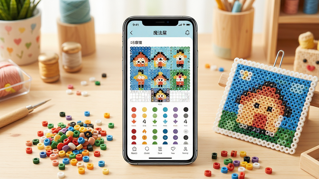 一张展示拼豆魔法屋软件核心功能的场景图,画面中央是手机屏幕显示拼豆魔法屋App的主界面,界面上有清晰的拼豆图案网格和色彩编号,屏幕周围散落着五颜六色的拼豆颗粒和一块完成的拼豆作品,背景是温馨的手工桌面环境,整体风格明亮清新,细节丰富,画质干净清晰,无多余元素