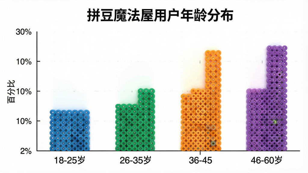 一张展示拼豆魔法屋用户年龄段分布的柱状图,图表标题为「拼豆魔法屋用户年龄分布」,横轴为年龄段18-25岁、26-35岁、36-45岁、46-60岁,纵轴为百分比,柱状颜色分别为蓝色、绿色、橙色、紫色,背景简洁白色,风格清晰数据化,画质干净,无多余元素