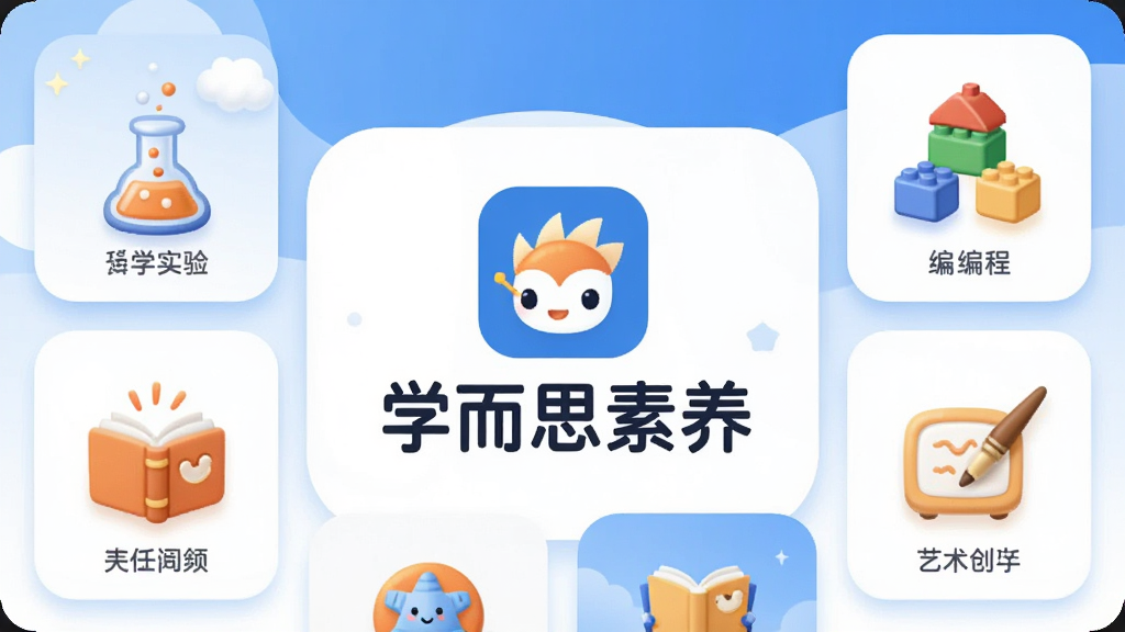 ѧ��˼����App������ȫòչʾ����������Ŀ��ѧ��˼����Logo�����ƣ���Χ���ƿ�ѧʵ�顢��̻�ľ�������Ķ���������������������ͼ�꣬���ֲ��ÿ�Ƭʽ�������У�������»��ã�����Ϊ��ɫ�������ɫ��׺��ϸ��Բ���Ѻã����ʸɾ��������޶���Ԫ��
