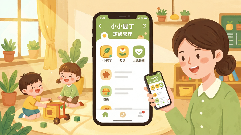 һ��չʾ��ʦ�ճ����������Ĳ廭�������������ֻ���Ļ����Ļ����ʾ��СС԰����App�İ༶�������棬��������ڿ�����ˣ�Ŀ�ͨС���ѣ��Ҳ�����ʦ�����ֻ�΢Ц�鿴����������ů���׶�԰���ң������������Ű�Ϊ��湹ͼ�����Ϊ��ƽ����ů�ֻ�磬ϸ�ڰ���Բ���ͼ�ꡢ��͵����⡢��ֲ��׺�����ʸɾ�ͨ͸���޶���Ԫ�أ�����ɫ����ů�ƺ�ǳ��Ϊ��