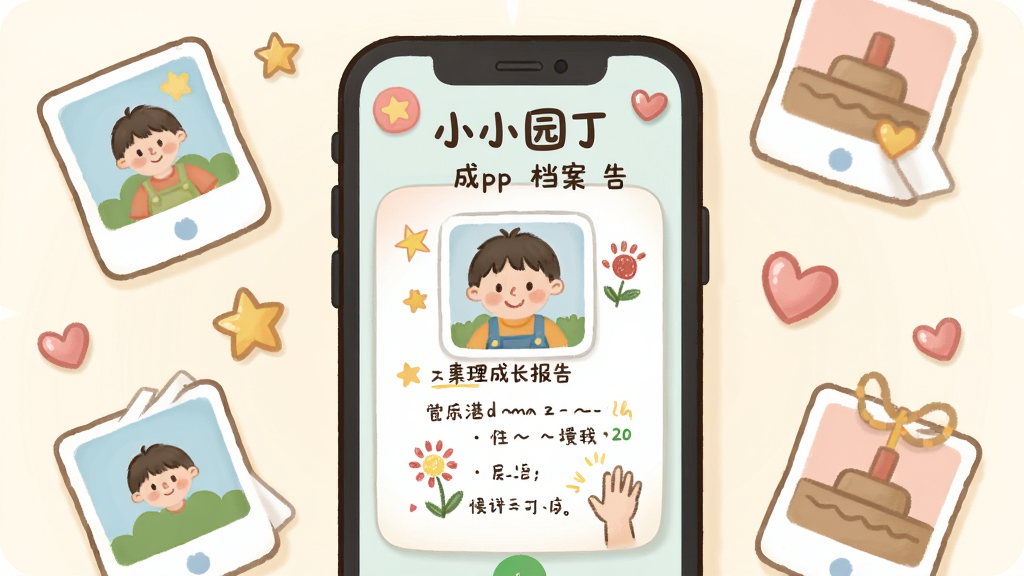 һ��չʾ��СС԰����App�ɳ��������ɹ��ܵĲ廭������������һ���ֻ�����Ļ����ʾһ�ݾ������׶��ɳ����棬��������С���ѵ���Ƭ���ֻ�ͼ�������ּ�¼���ֻ���Χɢ������Ƭ��С���ǺͰ���װ�Σ�����Ϊ���й�ͼ�����Ϊ��ܰ��ͨ�ֻ�磬ϸ�ڰ�����͵�ɫ�ʹ��ɡ�Բ��Ŀ�Ƭ�߽ǡ���д�����֣����ʸɾ��������޶���Ԫ��