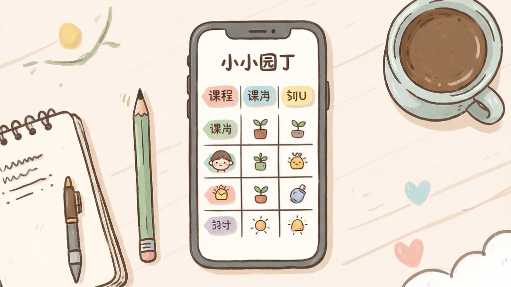 һ��չʾ��СС԰����App�γ̼ƻ�����Ĳ廭�������������ֻ���Ļ��ʾһ�ܿγ̱����������в�ɫ��ǩ�Ϳ�ͨСͼ�������ͬ����ֻ��Ա���Ǧ�ʡ��ʼǱ���һ�����ȣ�����Ϊ���и��ӹ�ͼ�����Ϊ��Լ���˷磬ϸ�ڰ�����͵�������ɫϵ���ֻ����������������֣����ʸɾ���ͣ��޶���Ԫ��