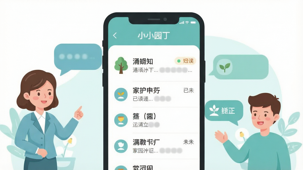 һ��չʾ��СС԰����App��԰��ͨ����Ĳ廭�������������ֻ���Ļ��ʾ֪ͨ�б����Ѷ�δ��״̬����Ļ�Ա��п�ͨ�������ʦ�ͼҳ��ڶԻ������н���������Ϊ���ҷ�����ͼ�����Ϊ���±�ƽ�廭�磬ϸ�ڰ���Բ������ݡ���͵�����ɫ����������ͼ�꣬���ʸɾ����࣬�޶���Ԫ��