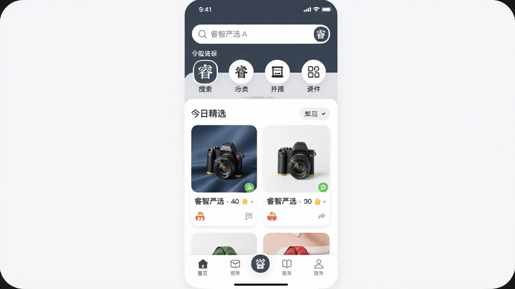 �����������ѡAPP����ҳ����չʾ������Ϊ�����������ͷ���ͼ�꣬�м��ǽ��վ�ѡ��Ʒ��Ƭ�б����ײ�Ϊ���������Ű������򣬷��Ϊ�ִ���ƽ����ƣ�ϸ��Բ��ͼ�����������ʸɾ��޶���Ԫ�أ������д��С������ѡ�����ֱ�ʶ