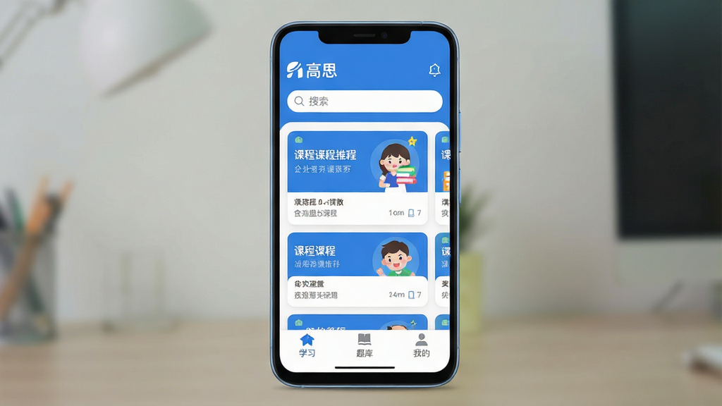 һ��չʾ��˼App���Ľ�����ֻ�����ͼ������Ϊһ��������׿�ֻ�����Ļ����ʾ��˼App��ҳ�������С���˼��Logo���������м��ǿγ̿�Ƭ�Ƽ������ײ�Ϊѧϰ����⡢�ҵ����������������ּ���������Ű���������ɫΪ��������ִ���ƽ����ϸ��Բ�󣬻��ʸɾ����޶���Ԫ��