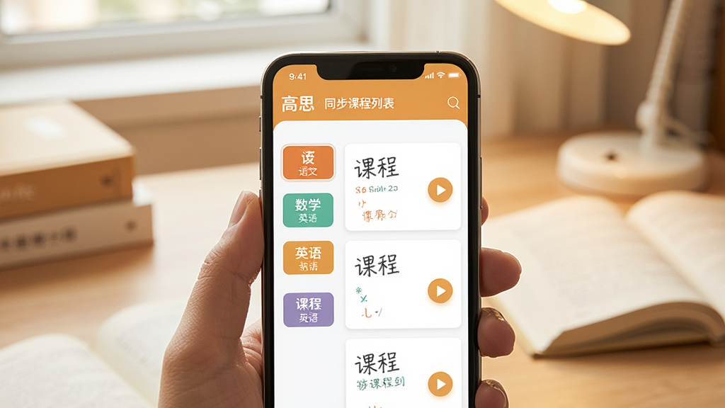 һ��չʾ��˼App�γ�ѧϰ����ĳ���ͼ������������һ���ֻ�����Ļ����ʾ����˼��ͬ���γ��б�����������ġ���ѧ��Ӣ��ȿ�Ŀ��ǩ���Ҳ��ǿγ̿�Ƭ�Ͳ��Ű�ť�������Ǹɾ����������鱾�������ܰѧϰ��Χ�������������޶���Ԫ��