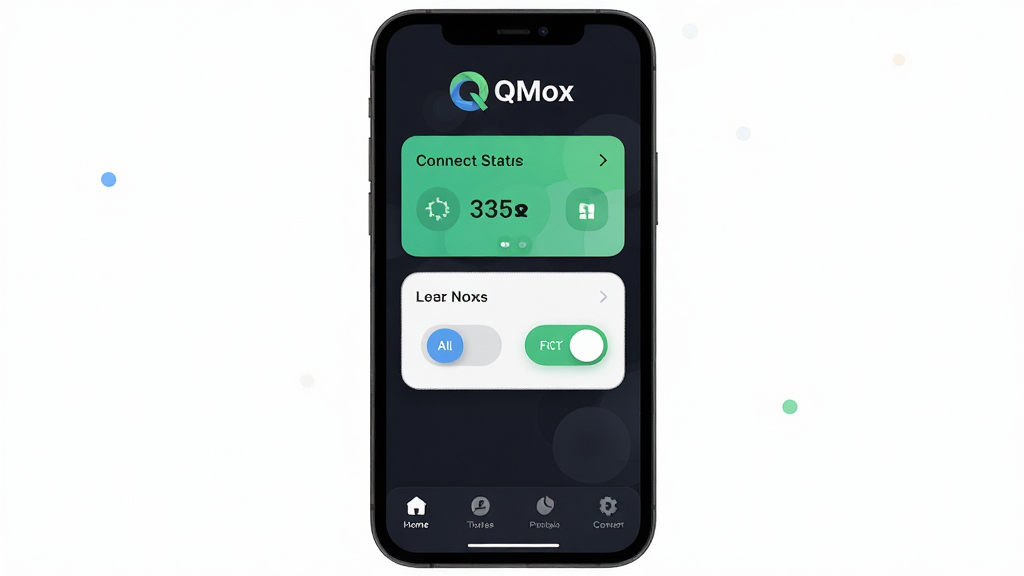 QMox����������ȫòչʾ�����������Ǽ�����ɫ�����ֻ���Ļ����Ļ����ʾQMoxӦ����ҳ��������QMox��Logo�����ֱ�ʶ���м�����������״̬��Ƭ����Ҫ���ܿ��ذ�ť���ײ����ĸ�������ǩ�����岼������������ִ���ƽ����ϸ��Բ�󣬻��ʸɾ��������޶���Ԫ�أ���������